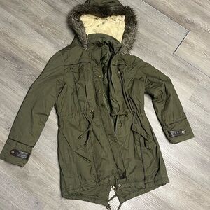 Boohoo Olive Green Military Coat with Faux Fur Hood
